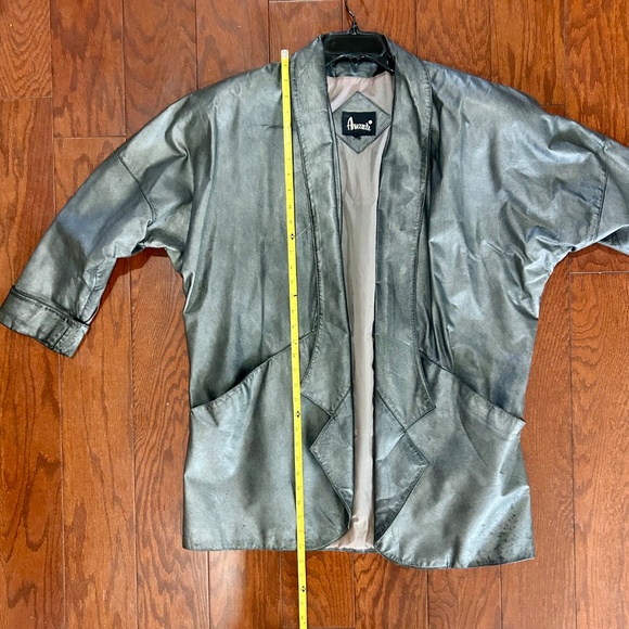 80s Vintage Avanti Leather Coat Blazer Open-Front Draped Metallic Grey Silver - Picture 3 of 11